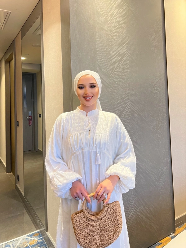 Nora Simli Tüylü Elbise - Beyaz