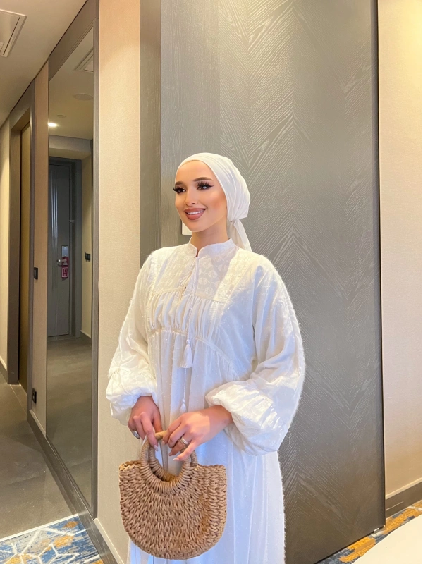 Nora Simli Tüylü Elbise - Beyaz