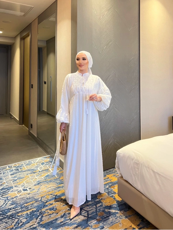 Nora Simli Tüylü Elbise - Beyaz