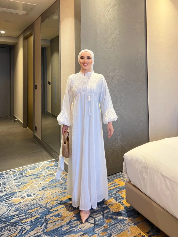 Nora Simli Tüylü Elbise - Beyaz