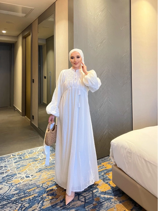 Nora Simli Tüylü Elbise - Beyaz