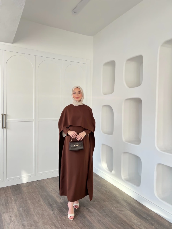 Pelerinli Özge Elbise - Kahve