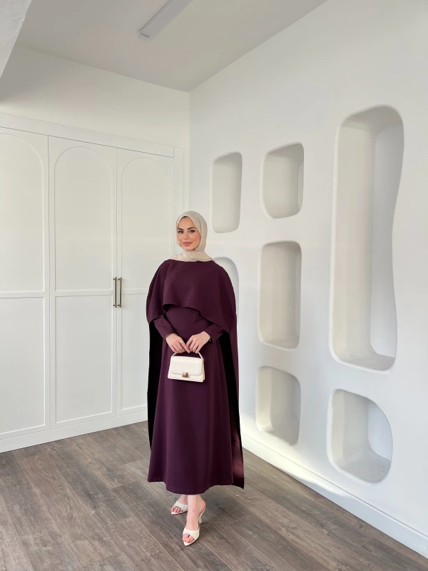 Pelerinli Özge Elbise - Mürdüm