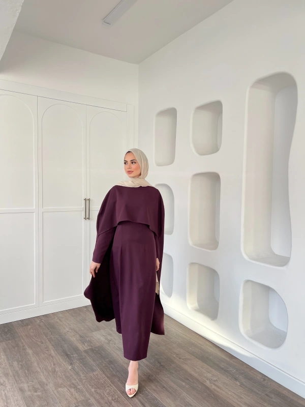 Pelerinli Özge Elbise - Mürdüm