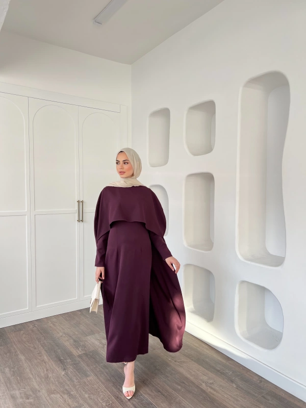 Pelerinli Özge Elbise - Mürdüm