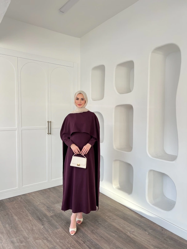 Pelerinli Özge Elbise - Mürdüm