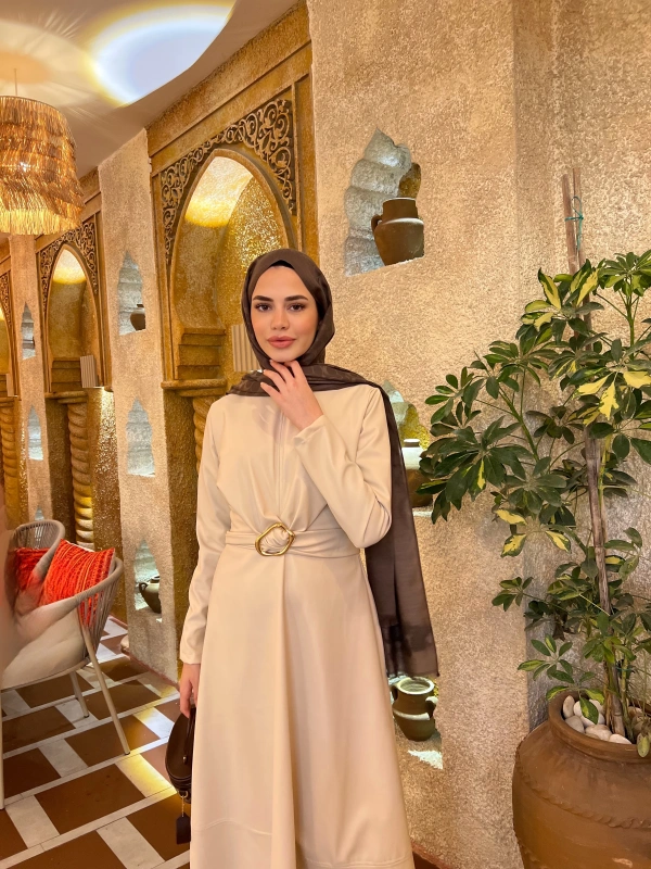 Selvi Deri Elbise - Krem