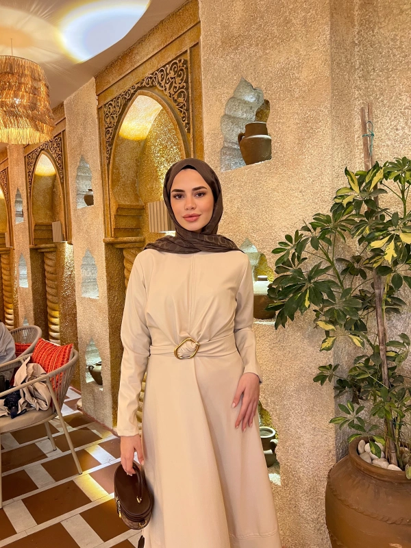 Selvi Deri Elbise - Krem