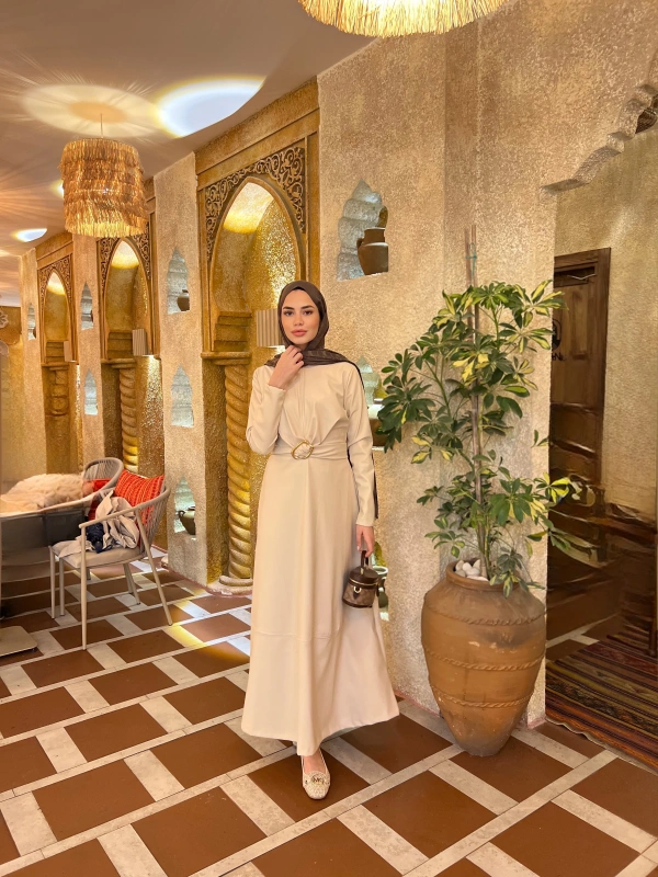 Selvi Deri Elbise - Krem