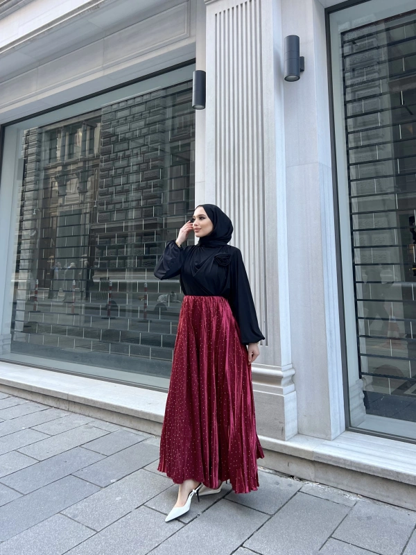 Taşlı Saten Etek - Bordo