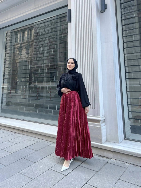 Taşlı Saten Etek - Bordo