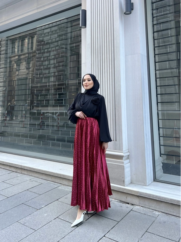 Taşlı Saten Etek - Bordo