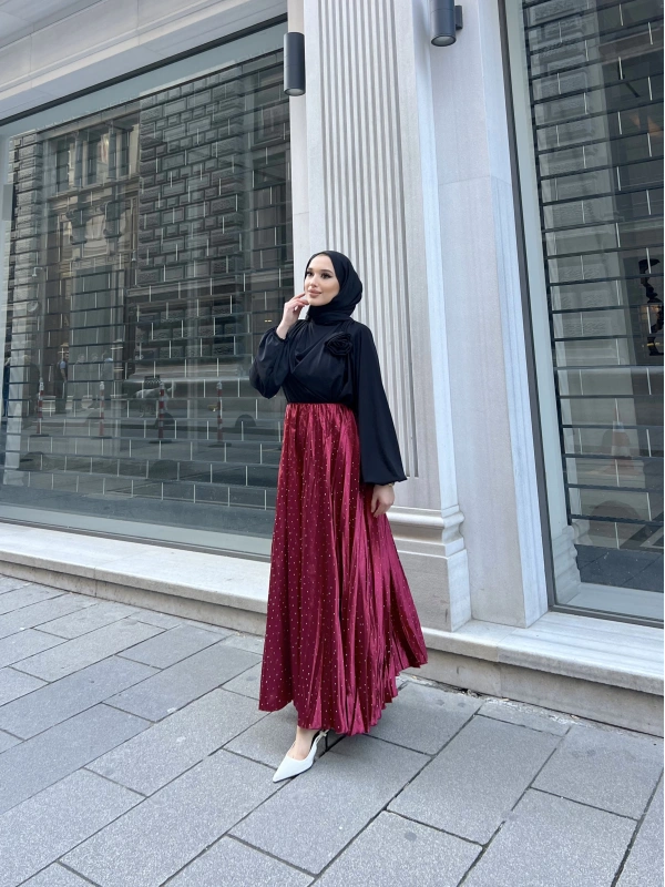 Taşlı Saten Etek - Bordo