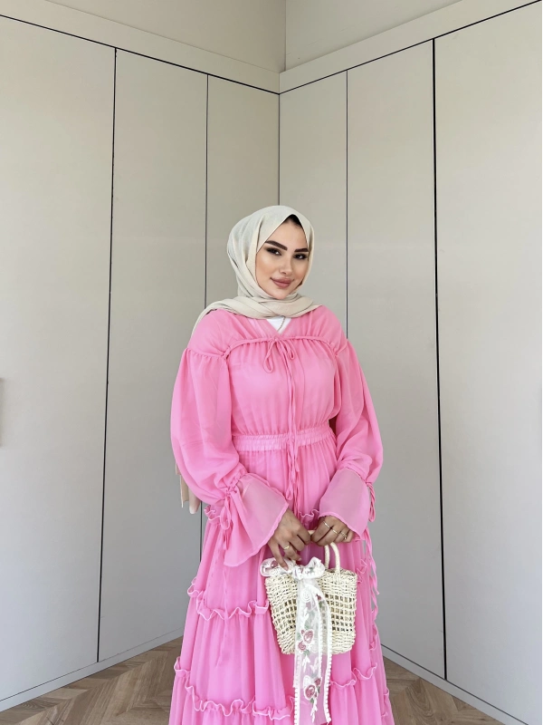 Ümma Şifon Elbise -Pembe