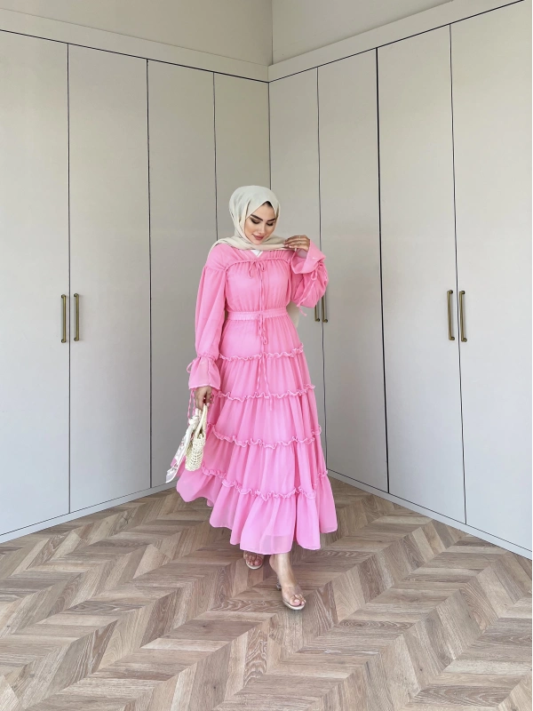 Ümma Şifon Elbise -Pembe