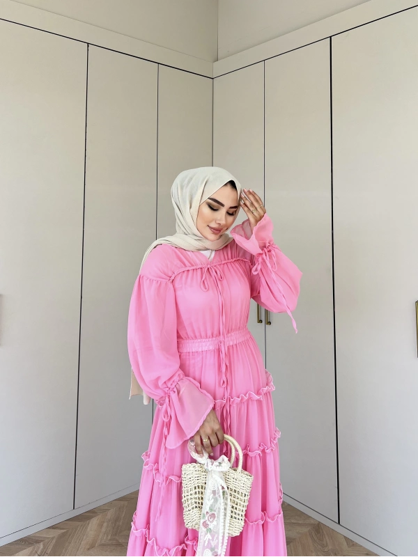 Ümma Şifon Elbise -Pembe
