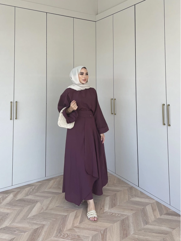 Venessa Düğme Detaylı Etek Takım - Bordo