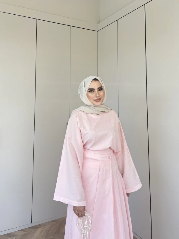 Venessa Düğme Detaylı Etek Takım - Pembe