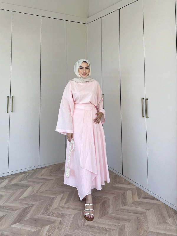 Venessa Düğme Detaylı Etek Takım - Pembe