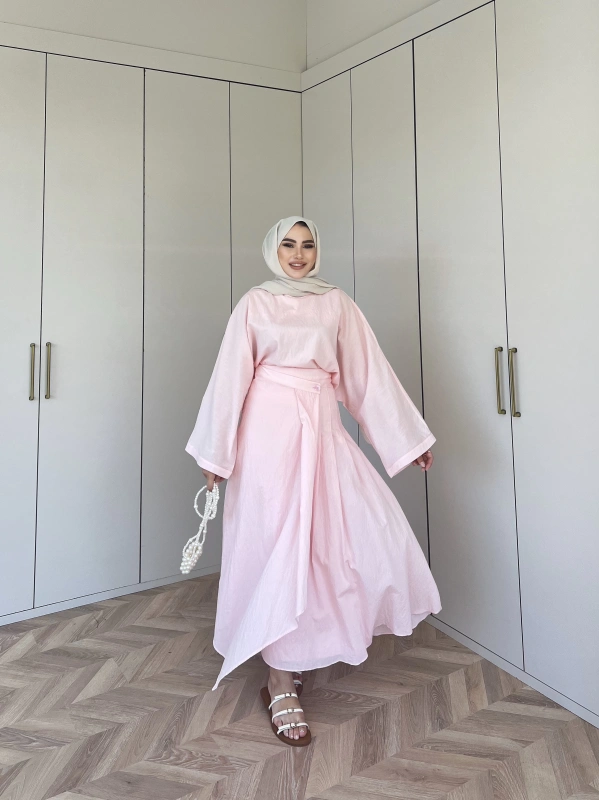 Venessa Düğme Detaylı Etek Takım - Pembe