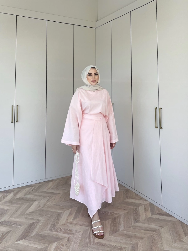 Venessa Düğme Detaylı Etek Takım - Pembe