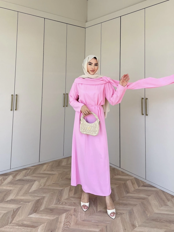 Ves Atkı Detaylı Elbise Pembe