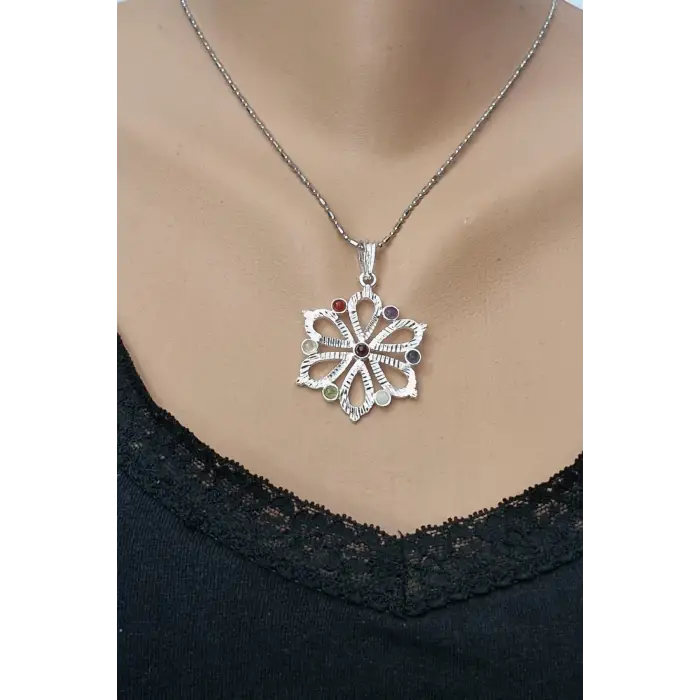 7 Çakra Taşlı Kolye Çiçek Motifli 236-C4