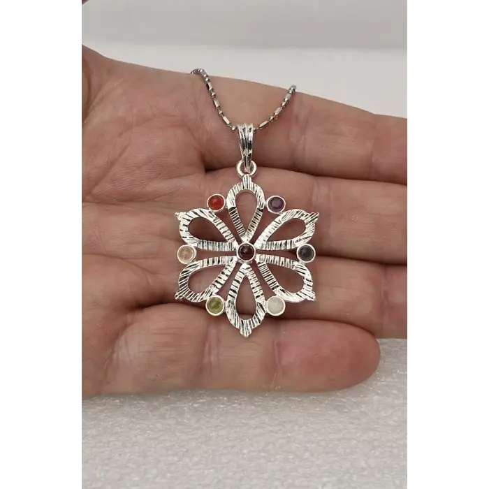 7 Çakra Taşlı Kolye Çiçek Motifli 236-C4