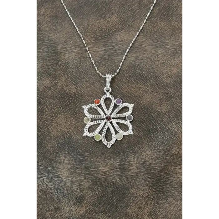 7 Çakra Taşlı Kolye Çiçek Motifli 236-C4