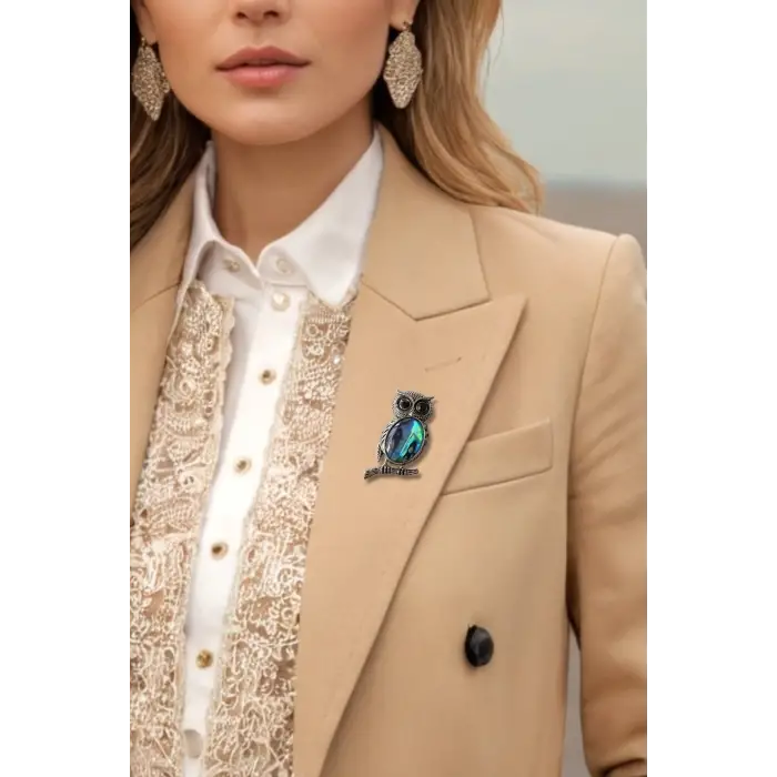 Abalon Shell Baykuş Motifi Sedef Broş BR10-3