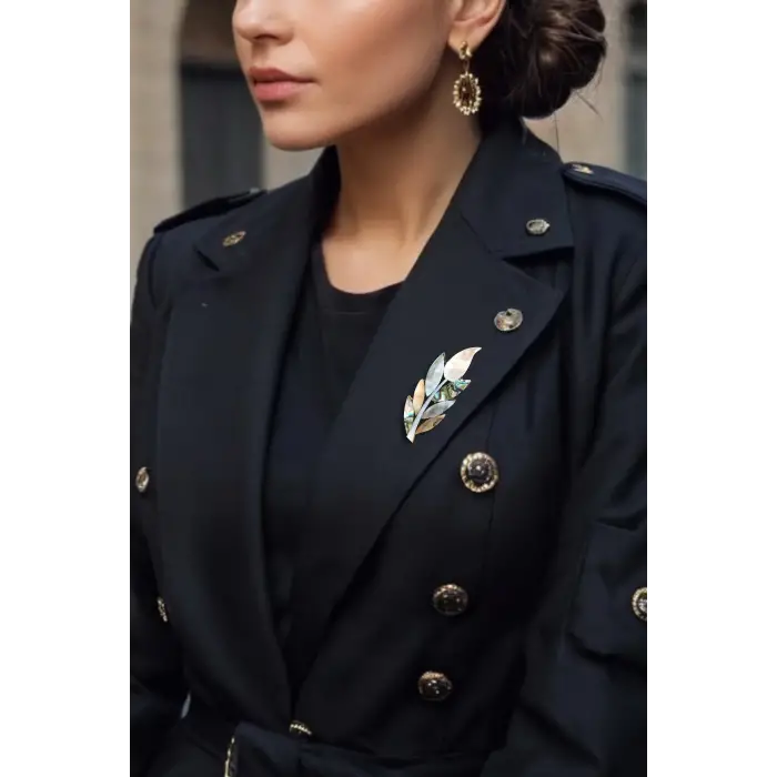 Abalon Shell Yaprak Motifi Sedef Broş BR10-4