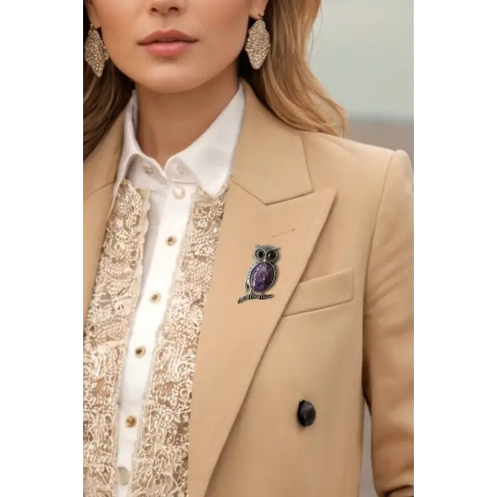 Baykuş Motifi Ametist Broş BR10-8