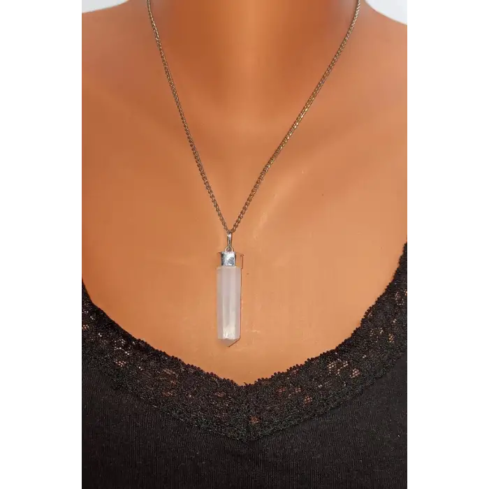 Beyaz Selenit Kolye Altıgen Point 305-2