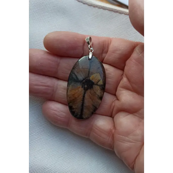 Çiyastolit (Chiastolite) Haç Taşı Kolye Ucu Gümüş Malzemeli C5-510