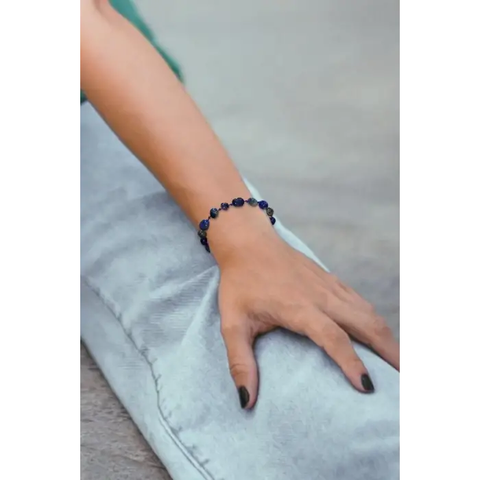 Doğal Lapis Lazuli Bileklik Makrome Ayarlı 417-5