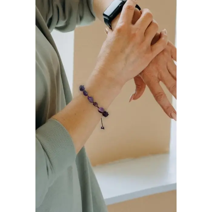 Doğal Taş Ametist Bileklik, Makrome Ayarlı 654-3