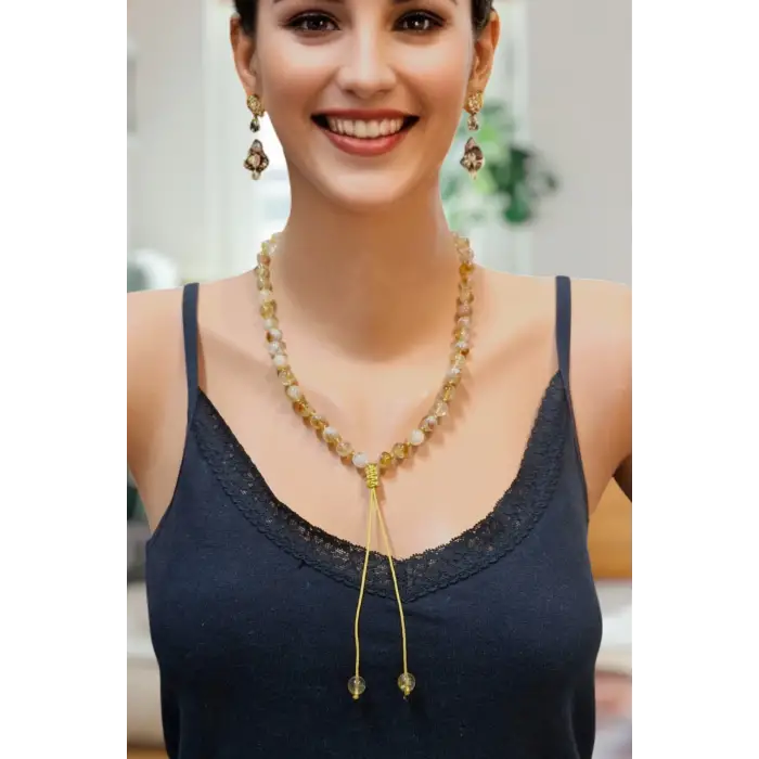 Fonksiyonel Sitrin Kolye Ayarlanabilir Doğal Taş Tasarım 677-2