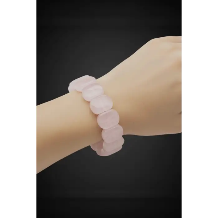 Geniş Taşlı Doğal Pembe Kuvars Bileklik 341-2