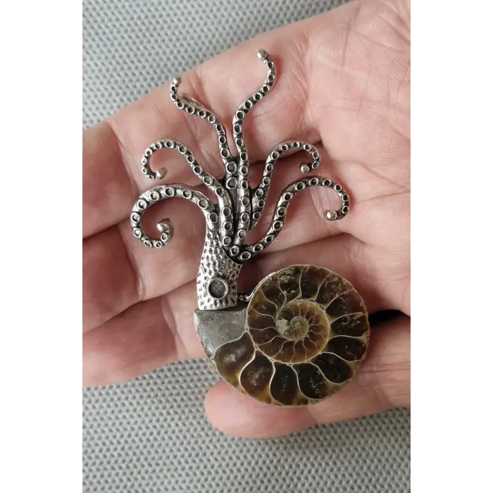 Gerçek Amonit Fosili Benzersiz Broş BR10-9