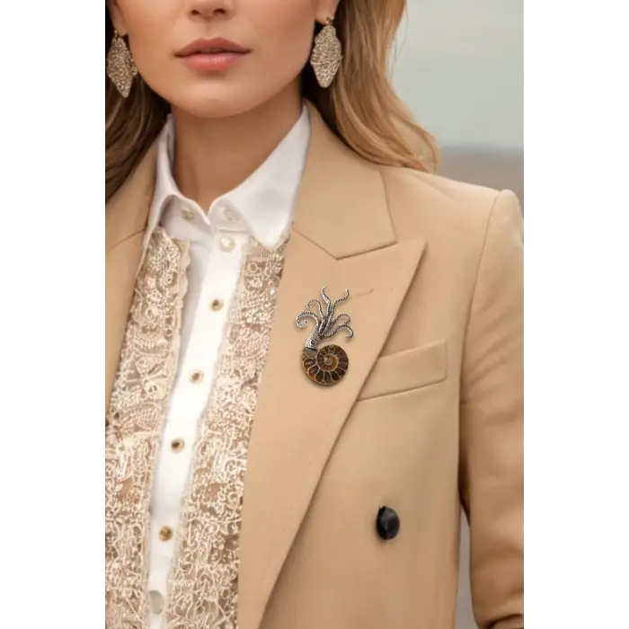 Gerçek Amonit Fosili Benzersiz Broş BR10-9