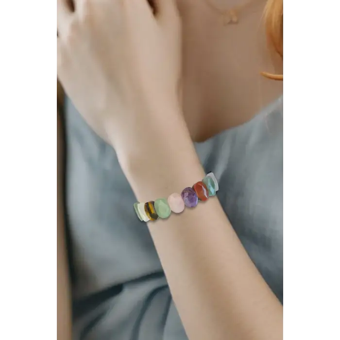 Karışık Taşlı Elastik Bileklik Ametist Akik Aventurin Pembe Kuvars Kaplangözü 452-2