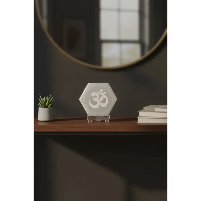 Ohm Sembolü Enerji Yükleyici Beyaz Selenit Altıgen Plaka 58AO