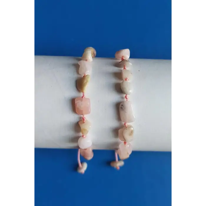Pembe Beyaz Opal Bileklik Makrome Ayarlı 669-4