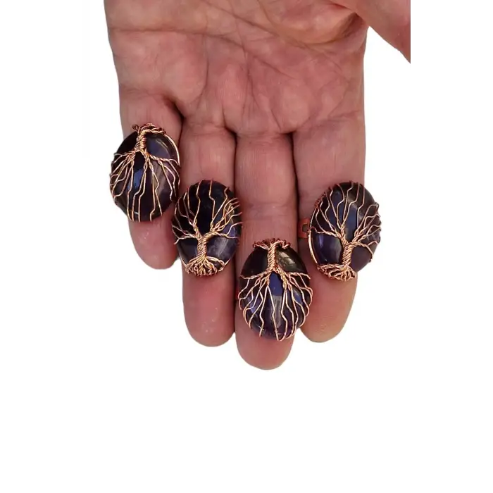 Ametist Ayarlı Yüzük Bakır Hayat Ağacı El Yapımı 466-3