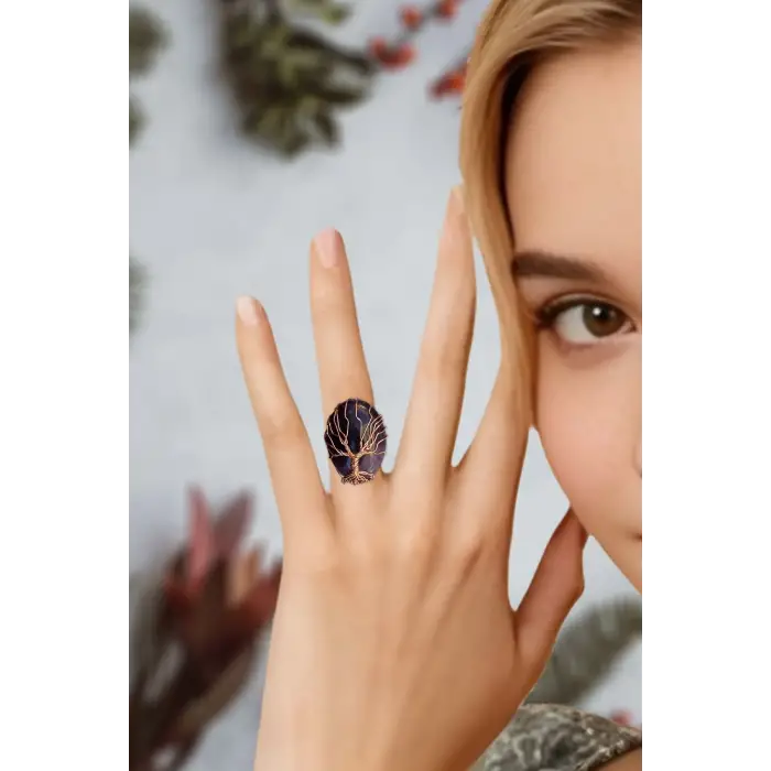 Ametist Ayarlı Yüzük Bakır Hayat Ağacı El Yapımı 466-3