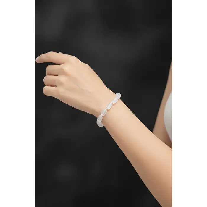 Silindir Kesim Beyaz Selenit Bileklik Makrome Ayarlı 334-5