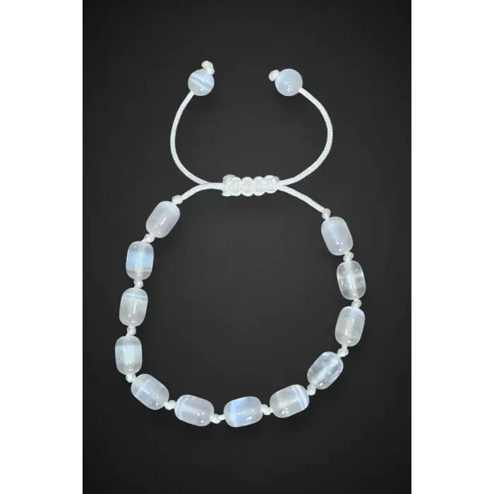 Silindir Kesim Beyaz Selenit Bileklik Makrome Ayarlı 334-5