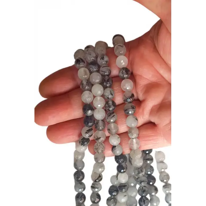 Siyah Turmalinli Kuvars Dizi 8 mm. Fasetli Küre Kesim 301-2