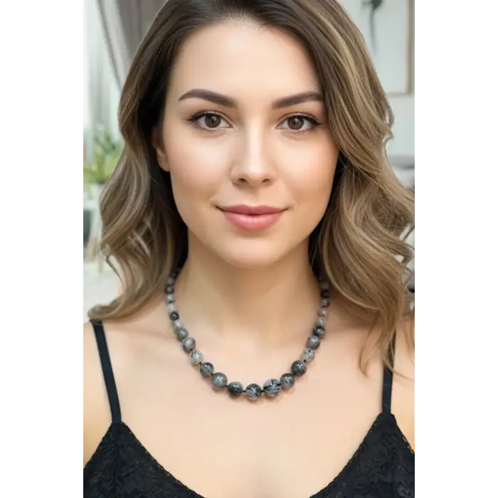 Siyah Turmalinli Kuvars Kolye - El İşi Süzme Tasarım 522-3