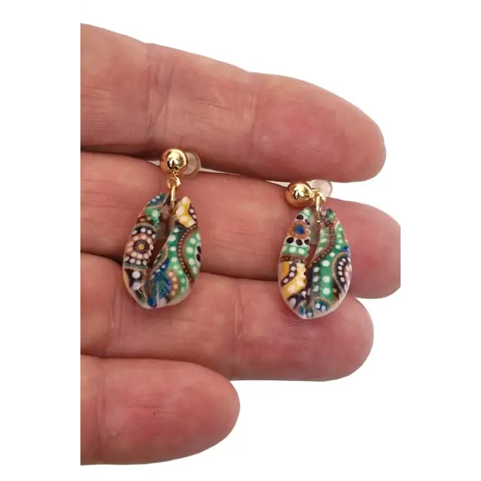 Üzeri Resimli Gerçek Deniz Kabuğu Küpe 30-D1